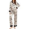 Ekouaer Silk Pajamas for Women Long Sleeve Satin Pajama Set Silky Pj Sets 2 Piece Button Down Loungewear Sleepwear(Line Art Cat and Fishbone)