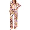 Ekouaer Silk Pajamas for Women Long Sleeve Satin Pajama Set Silky Pj Sets 2 Piece Button Down Loungewear Sleepwear(Pink Fruit Puppy-pineapple、grape and Banana)