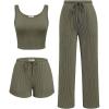 Ekouaer Women’s 3 Piece Lounge Set Ribbed Soft Pajama Set – Crop Top, Shorts & Pants Vacation Outfits With Pokcet(Army Green)
