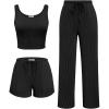 Ekouaer Women’s 3 Piece Lounge Set Ribbed Soft Pajama Set – Crop Top, Shorts & Pants Vacation Outfits With Pokcet(Black)
