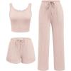 Ekouaer Women’s 3 Piece Lounge Set Ribbed Soft Pajama Set – Crop Top, Shorts & Pants Vacation Outfits With Pokcet(Champagne)