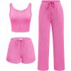 Ekouaer Women’s 3 Piece Lounge Set Ribbed Soft Pajama Set – Crop Top, Shorts & Pants Vacation Outfits With Pokcet(Hot Pink)