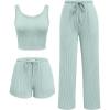 Ekouaer Women’s 3 Piece Lounge Set Ribbed Soft Pajama Set – Crop Top, Shorts & Pants Vacation Outfits With Pokcet(Ice Cream Green)