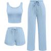 Ekouaer Women’s 3 Piece Lounge Set Ribbed Soft Pajama Set – Crop Top, Shorts & Pants Vacation Outfits With Pokcet(Light Blue)