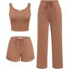 Ekouaer Women’s 3 Piece Lounge Set Ribbed Soft Pajama Set – Crop Top, Shorts & Pants Vacation Outfits With Pokcet(Light Brown)