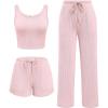 Ekouaer Women’s 3 Piece Lounge Set Ribbed Soft Pajama Set – Crop Top, Shorts & Pants Vacation Outfits With Pokcet(Light Pink)
