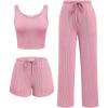 Ekouaer Women’s 3 Piece Lounge Set Ribbed Soft Pajama Set – Crop Top, Shorts & Pants Vacation Outfits With Pokcet(Pink)