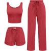 Ekouaer Women’s 3 Piece Lounge Set Ribbed Soft Pajama Set – Crop Top, Shorts & Pants Vacation Outfits With Pokcet(Red)