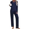 Ekouaer Women’s Pajamas Sets 2 piece PJs V Neck Long Sleeve Sleepwear Comfy Pants Loungewear with Pocket(Navy Blue)