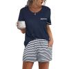 Ekouaer Womens Pajamas Sets Shorts 2 Piece Short Sleeve Lounge Sets Round Neck Sleepwear Soft Pjs with Pockets(Navy Blue)