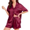 Ekouaer Womens Silk Satin Pajama Set, 2 Piece Heart Embroidery Short Sleeve Button Down Pjs Set for Bridal Party(Burgundy)