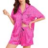 Ekouaer Womens Silk Satin Pajama Set, 2 Piece Heart Embroidery Short Sleeve Button Down Pjs Set for Bridal Party(Rose Leopard)