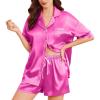 Ekouaer Womens Silk Satin Pajama Set, 2 Piece Heart Embroidery Short Sleeve Button Down Pjs Set for Bridal Party(Rose Red)