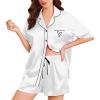 Ekouaer Womens Silk Satin Pajama Set, 2 Piece Heart Embroidery Short Sleeve Button Down Pjs Set for Bridal Party(White)