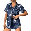 Ekouaer Womens Silk Satin Pajama Set Print Short Sleeve Sleepwear Button Down Pjs Shorts Set Loungewear(Navy Blue Floral)