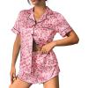 Ekouaer Womens Silk Satin Pajama Set Print Short Sleeve Sleepwear Button Down Pjs Shorts Set Loungewear(Peach Red Leopard)