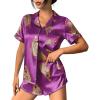 Ekouaer Womens Silk Satin Pajama Set Print Short Sleeve Sleepwear Button Down Pjs Shorts Set Loungewear(Purple-red Leopard)