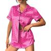 Ekouaer Womens Silk Satin Pajama Set Print Short Sleeve Sleepwear Button Down Pjs Shorts Set Loungewear(Rose Red Leopard)