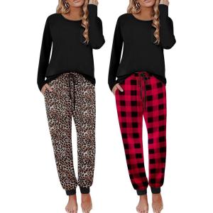 Ekouaer 2 Pack Womens Pajamas Set Long Sleeve Sleepwear Top and Jogger Pants Lounge Sets Cozy Pjs Loungewear S-XXL(Black Red Plaid+leopard)