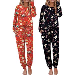 Ekouaer 2 Pack Womens Pajamas Set Long Sleeve Sleepwear Top and Jogger Pants Lounge Sets Cozy Pjs Loungewear S-XXL(Christmas Food+christmas Gingerbread)