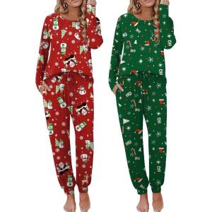 Ekouaer 2 Pack Womens Pajamas Set Long Sleeve Sleepwear Top and Jogger Pants Lounge Sets Cozy Pjs Loungewear S-XXL(Christmas Red+christmas Green2)