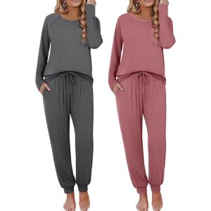 Ekouaer 2 Pack Womens Pajamas Set Long Sleeve Sleepwear Top and Jogger Pants Lounge Sets Cozy Pjs Loungewear S-XXL(Dark Gray+grayish Purple)