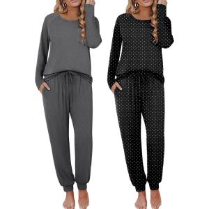 Ekouaer 2 Pack Womens Pajamas Set Long Sleeve Sleepwear Top and Jogger Pants Lounge Sets Cozy Pjs Loungewear S-XXL(Dark Grey+small Dots)