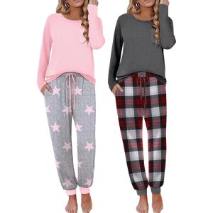 Ekouaer 2 Pack Womens Pajamas Set Long Sleeve Sleepwear Top and Jogger Pants Lounge Sets Cozy Pjs Loungewear S-XXL(Light Grey Stars+navy Plaid)