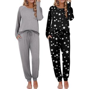 Ekouaer 2 Pack Womens Pajamas Set Long Sleeve Sleepwear Top and Jogger Pants Lounge Sets Cozy Pjs Loungewear S-XXL(Light Grey+black Stars)