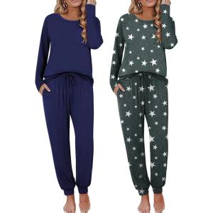 Ekouaer 2 Pack Womens Pajamas Set Long Sleeve Sleepwear Top and Jogger Pants Lounge Sets Cozy Pjs Loungewear S-XXL(Navy+dark Gray Stars)