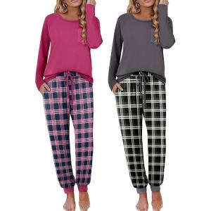 Ekouaer 2 Pack Womens Pajamas Set Long Sleeve Sleepwear Top and Jogger Pants Lounge Sets Cozy Pjs Loungewear S-XXL(Rose Plaid+black Plaid)