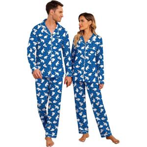 Ekouaer Christmas Family Matching Pajamas Long Sleeve Button Down Pj Set Festival Party Sleepwear(Blue Bear)