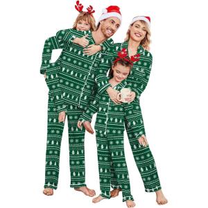 Ekouaer Christmas Family Matching Pajamas Long Sleeve Button Down Pj Set Festival Party Sleepwear(Dark Green/Snowflake)