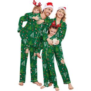 Ekouaer Christmas Family Matching Pajamas Long Sleeve Button Down Pj Set Festival Party Sleepwear(Green Christmas Tree)