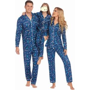 Ekouaer Christmas Family Matching Pajamas Long Sleeve Button Down Pj Set Festival Party Sleepwear(Navy Blue/Xmas Tree)