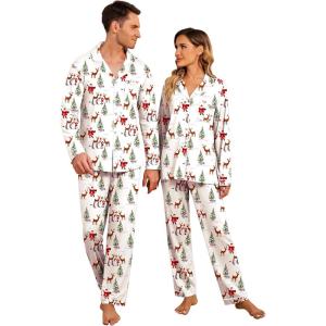 Ekouaer Christmas Family Matching Pajamas Long Sleeve Button Down Pj Set Festival Party Sleepwear(White/Christmas Elements)