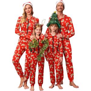 Ekouaer Christmas Matching Family Onesie Pajamas Hoodie One Piece Pajamas Zipper Thermal Sleepwear with Pockets Family Red Elk Print S