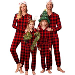 Ekouaer Christmas Matching Family Onesie Pajamas Hoodie One Piece Pajamas Zipper Thermal Sleepwear with Pockets(Family Christmas Buffalo Plaid Print)