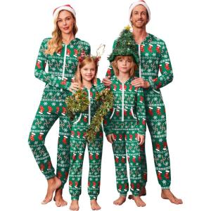 Ekouaer Christmas Matching Family Onesie Pajamas Hoodie One Piece Pajamas Zipper Thermal Sleepwear with Pockets(Family Christmas Socks Print)