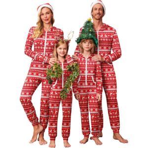 Ekouaer Christmas Matching Family Onesie Pajamas Hoodie One Piece Pajamas Zipper Thermal Sleepwear with Pockets(Family Red Reindeer Print)
