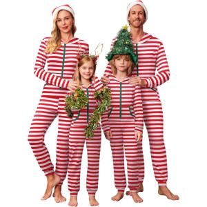 Ekouaer Christmas Matching Family Onesie Pajamas Hoodie One Piece Pajamas Zipper Thermal Sleepwear with Pockets(Family Red Striped Print)