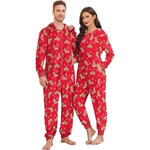 Ekouaer Christmas Matching Onesie for Couples Fleece Hoodie One Piece Zipper Pajamas with Pockets S-XXL(Reindeer Red)