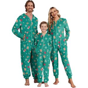 Ekouaer Christmas Onesie Matching Family Fleece Hooded One Piece Zipper Long Sleeve Pajamas with Pockets S-XXL(Green Snowflake)