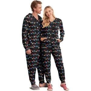 Ekouaer Christmas Onesie for Couples Zipper Hooded Adult Matching Onesie Pajamas with Pockets(Christmas Light)