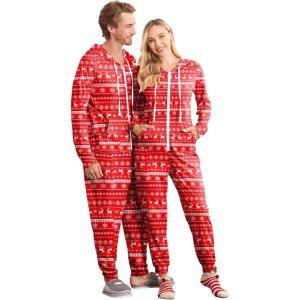 Ekouaer Christmas Onesie for Couples Zipper Hooded Adult Matching Onesie Pajamas with Pockets(Elk)