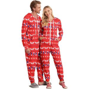 Ekouaer Christmas Onesie for Couples Zipper Hooded Adult Matching Onesie Pajamas with Pockets(Elk Snowflake)
