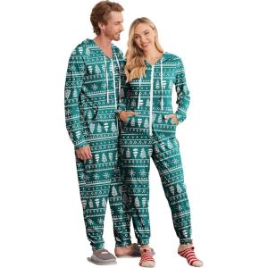 Ekouaer Christmas Onesie for Couples Zipper Hooded Adult Matching Onesie Pajamas with Pockets(Green Christmas Tree)