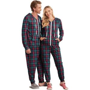 Ekouaer Christmas Onesie for Couples Zipper Hooded Adult Matching Onesie Pajamas with Pockets(Green Plaid)