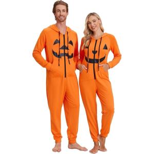 Ekouaer Christmas Onesie for Couples Zipper Hooded Adult Matching Onesie Pajamas with Pockets(Pumpkin)