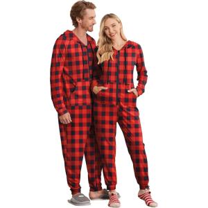 Ekouaer Christmas Onesie for Couples Zipper Hooded Adult Matching Onesie Pajamas with Pockets(Red Black Plaid)